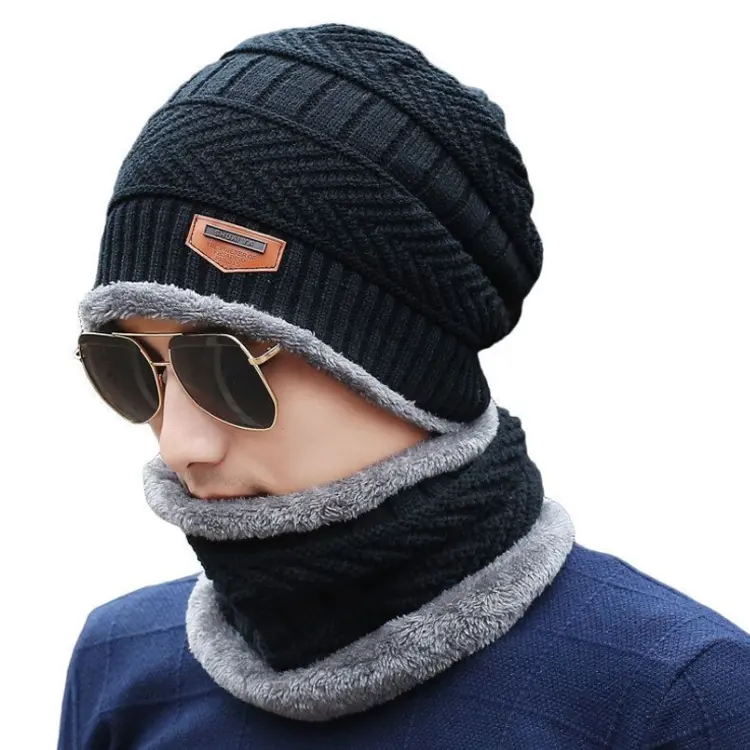 Gorro de lana con cuello cálido para hombre y mujer, conjunto de bufanda y gorro de lana para invierno