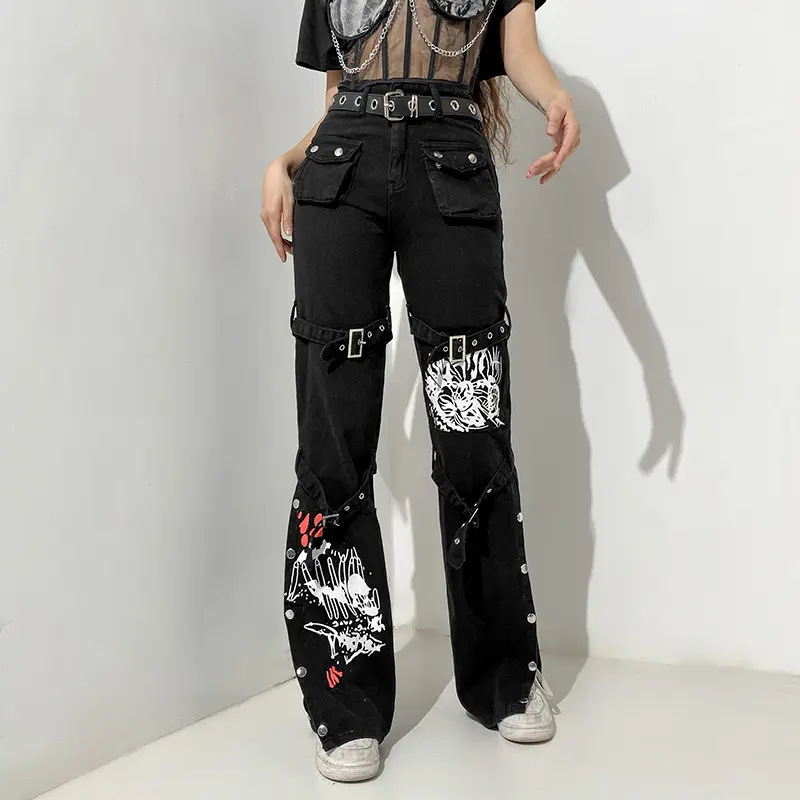 Pantalones vaqueros con hebilla de ojo para mujer, Vaqueros holgados góticos, ciber Punk, Y2K, color sólido, para chicas