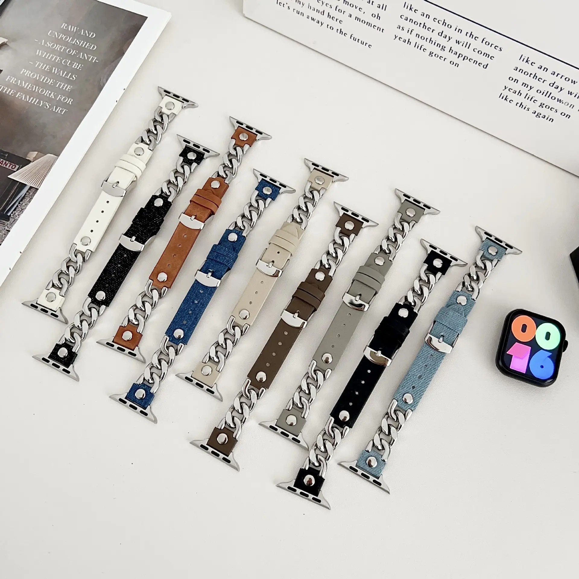 Cadena de metal delgada + correa de cuero para Apple Watch Ultra 49mm pulsera de muñeca para Iwatch 9 Cadena de acero inoxidable correas de reloj de cuero