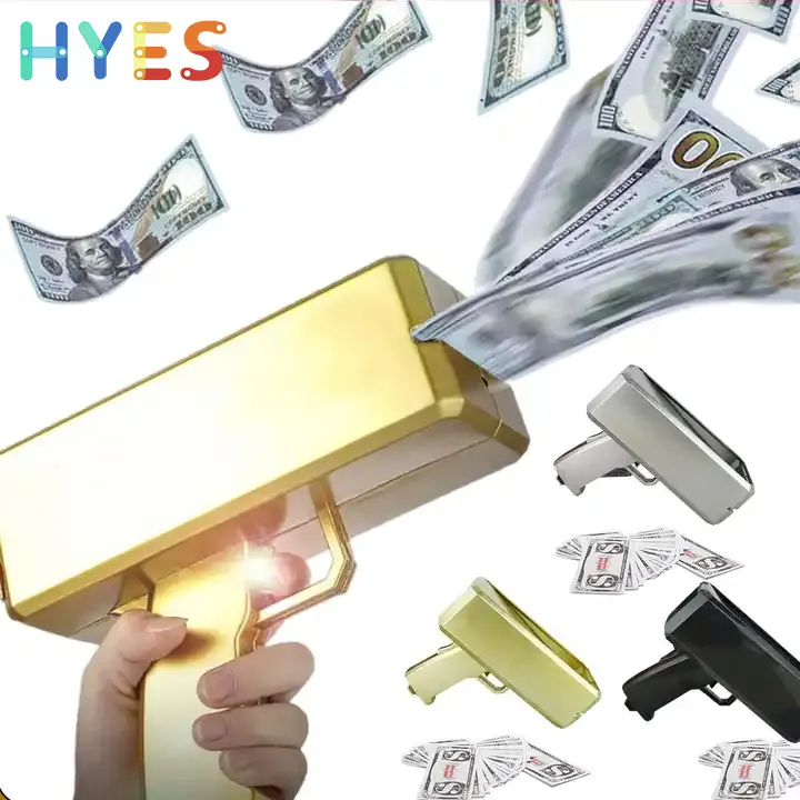 Huiye-caja de dinero personalizada de oro, juguete de pistola de plástico para dinero en efectivo, efectivo, lluvia, dólar