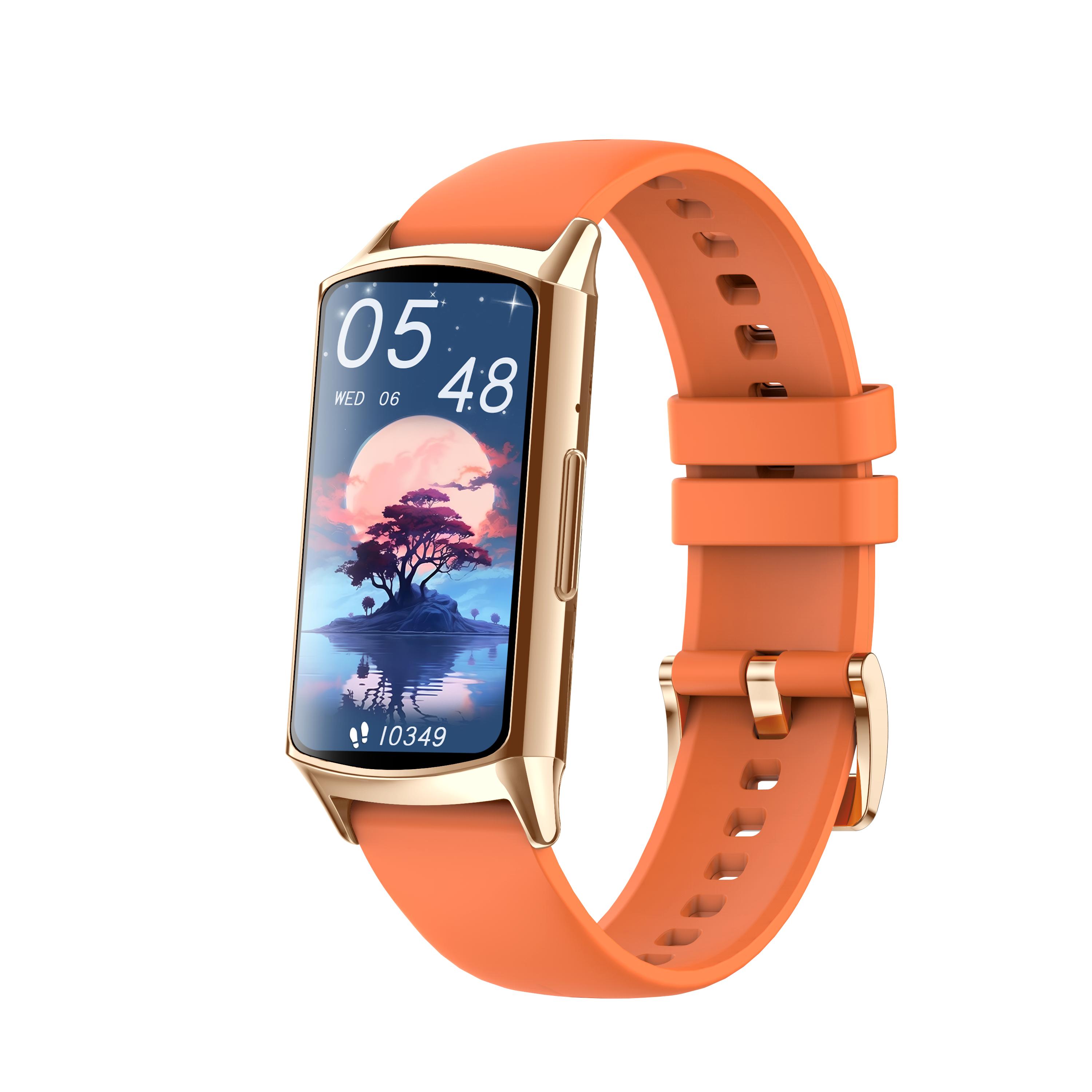 Gold frame with orange silicone band