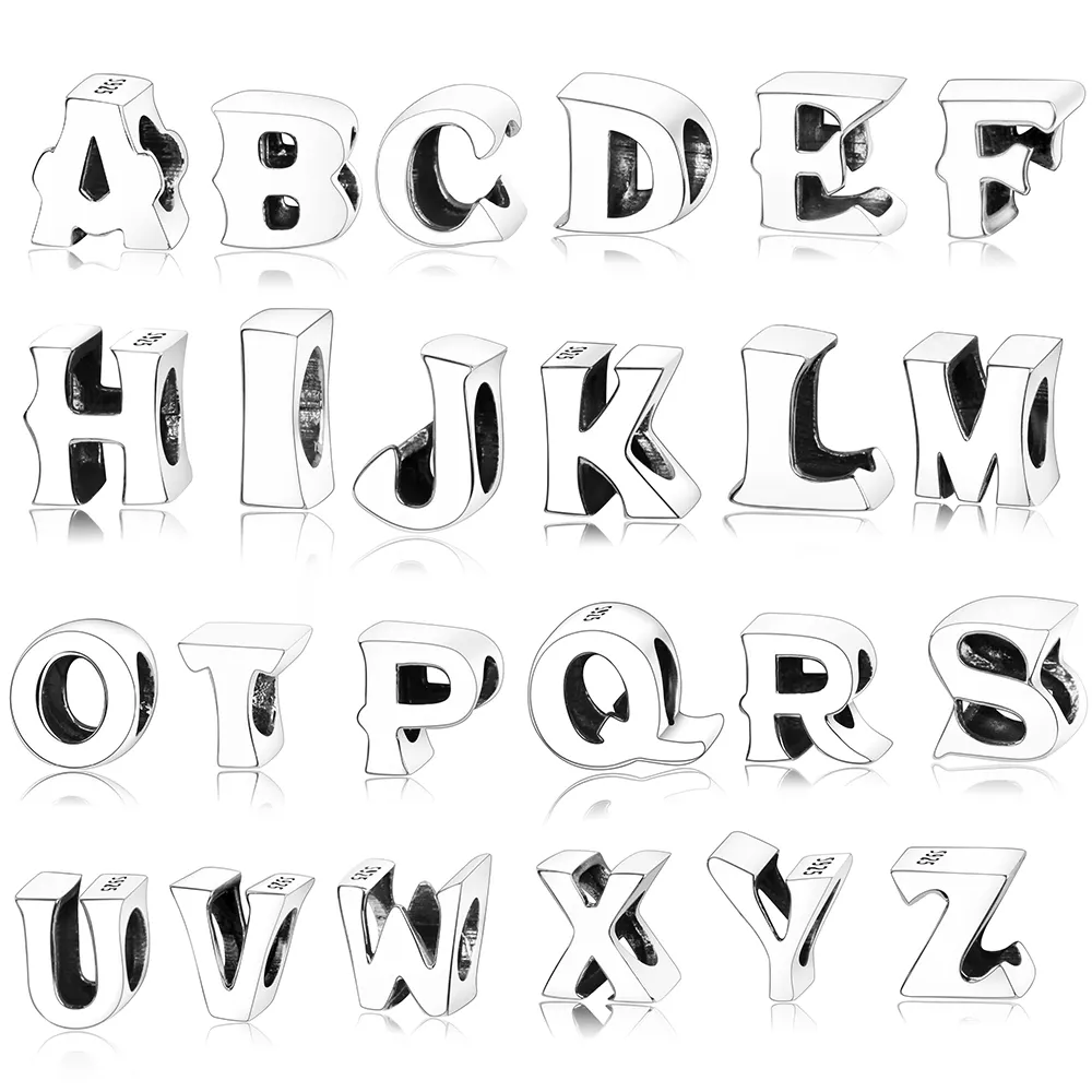 Abalorios colgantes de alfabeto con cuentas de inicial de 925, regalo de plata de ley, clásico, Unisex, S925, circón, letras de amor de plata de ley redondas