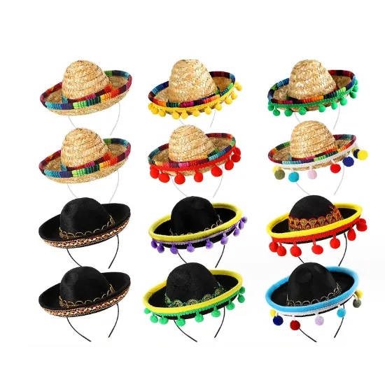 Mini sombrero mexicano con diadema tocado divertido carnaval fiesta sombreros accesorios decoración Fiesta favores banda para el cabello de paja