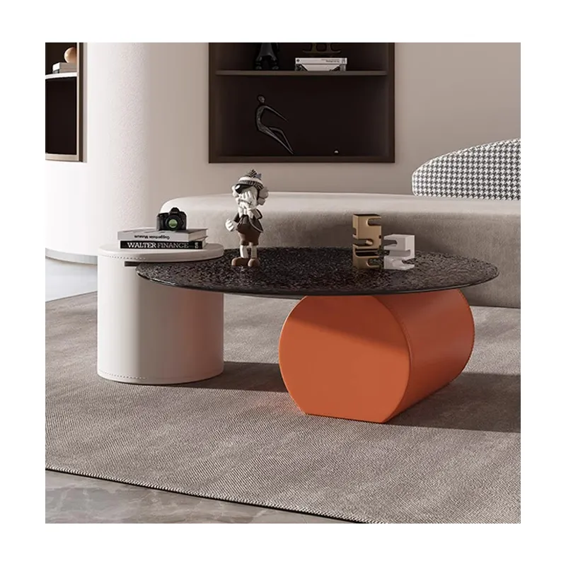 Mesa de centro de vidro simples e moderna, combinação de couro, mesa lateral redonda artesanal, móveis para sala de estar, apartamentos pequenos