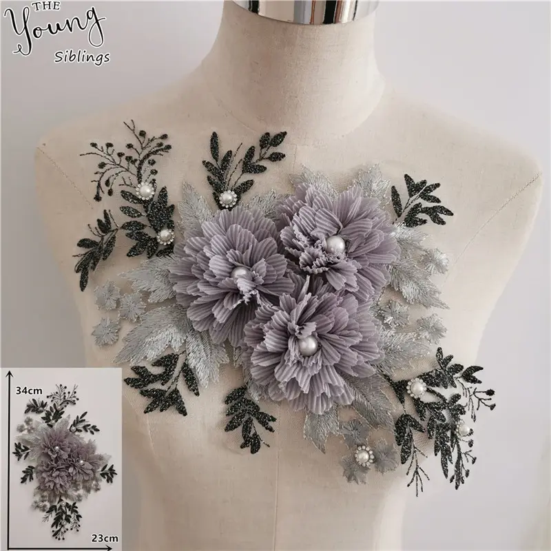 Applique bordir abu-abu 3D bunga ABS mutiara kerah renda DIY pakaian kain jahit garis leher Dekorasi Aksesori persediaan