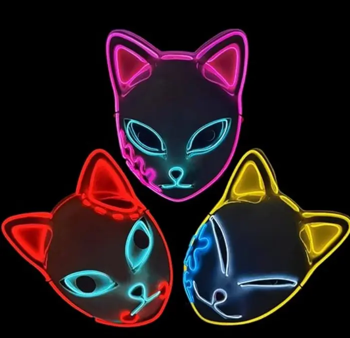 LED Light Up Fox Máscara Comic Slayer Para Adulto Dos Desenhos Animados De Halloween Japonês Gato Demônio Anime Party Cosplay Props
