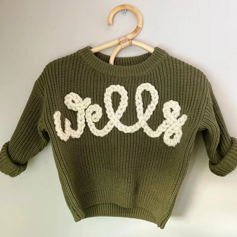 Hot Selling Custom Naam Gebreide Chunky Sweater Hand Geborduurde Baby Meisjes Truien