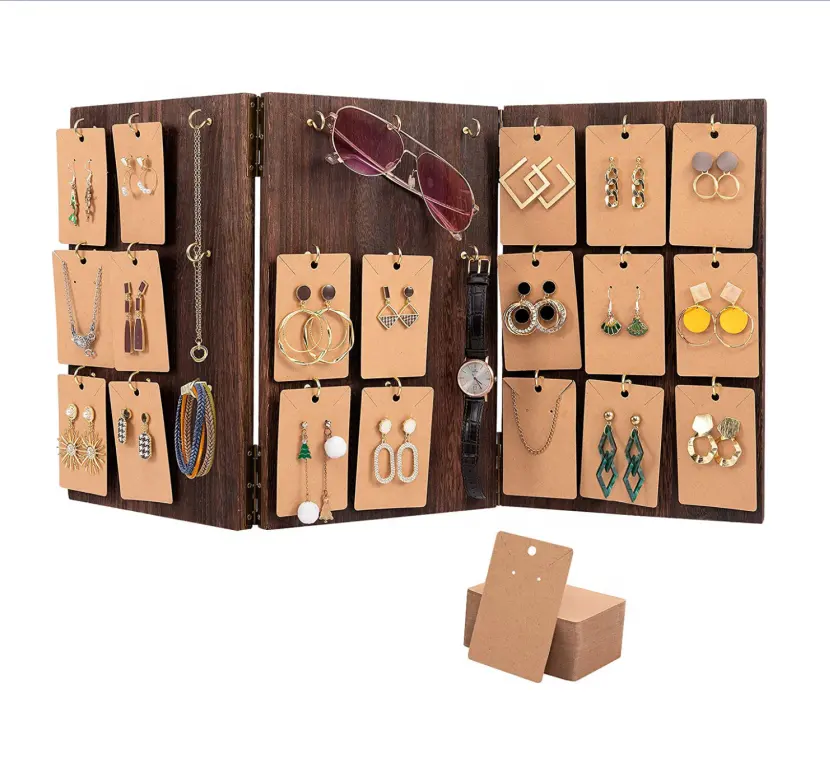 Soporte de exhibición de joyería de madera plegable, pantalla de pendientes de panel de tres lados para venta de tienda, aretes y llavero