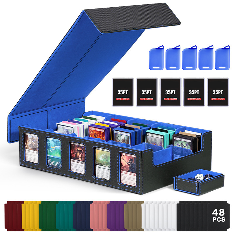 Cinco filas de tarjetas de color negro y azul - 48 tarjetas - 5 juegos de tarjetas - 5 portatarjetas.