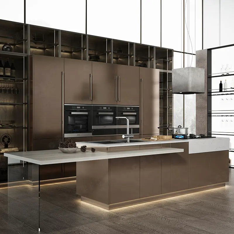 SUOFEIYA Modern Island Kitchen Designs fornitore completo di mobili da cucina lucidi in laminato metallico