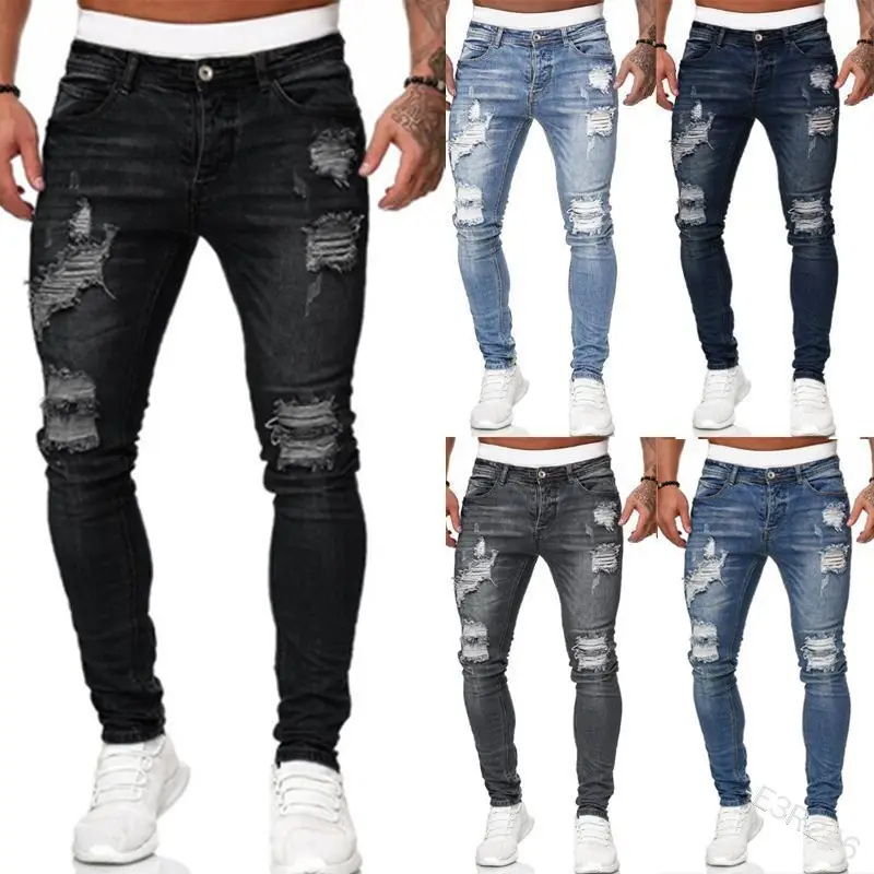 Men's Casual Fashion Hip Hop Ripped Damage Hole Scratch Pants Fit Slim Jeans Trousers Skinny Long Jean Pant For Men