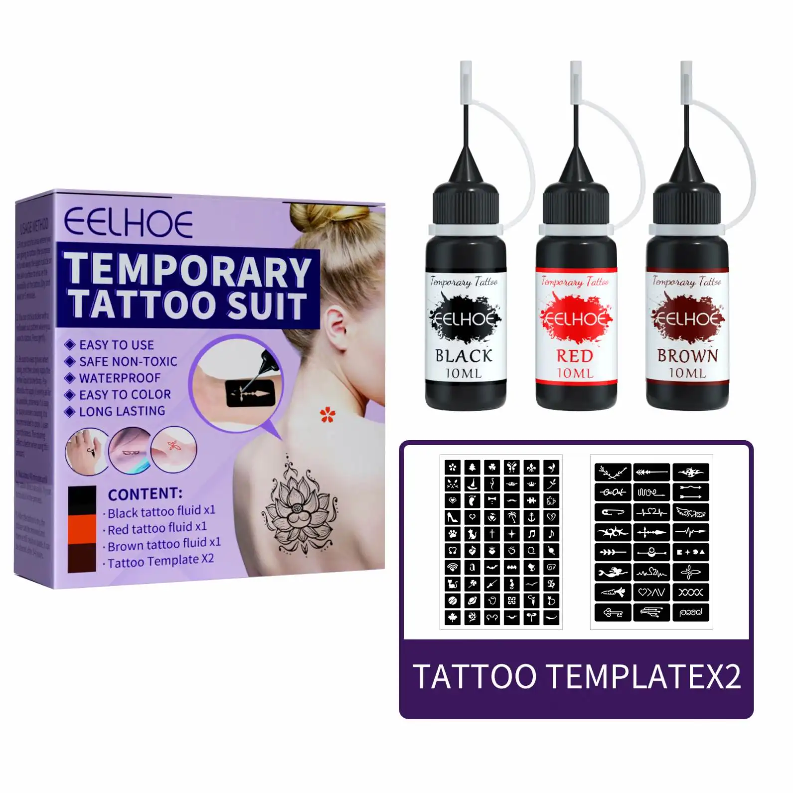 EELHOE 3 Colors 10ML Temporary Tattoo Ink Suit Organic Fruit Gel For Body Art Painting Pigment Long Lasting Tattoo Juice Ink