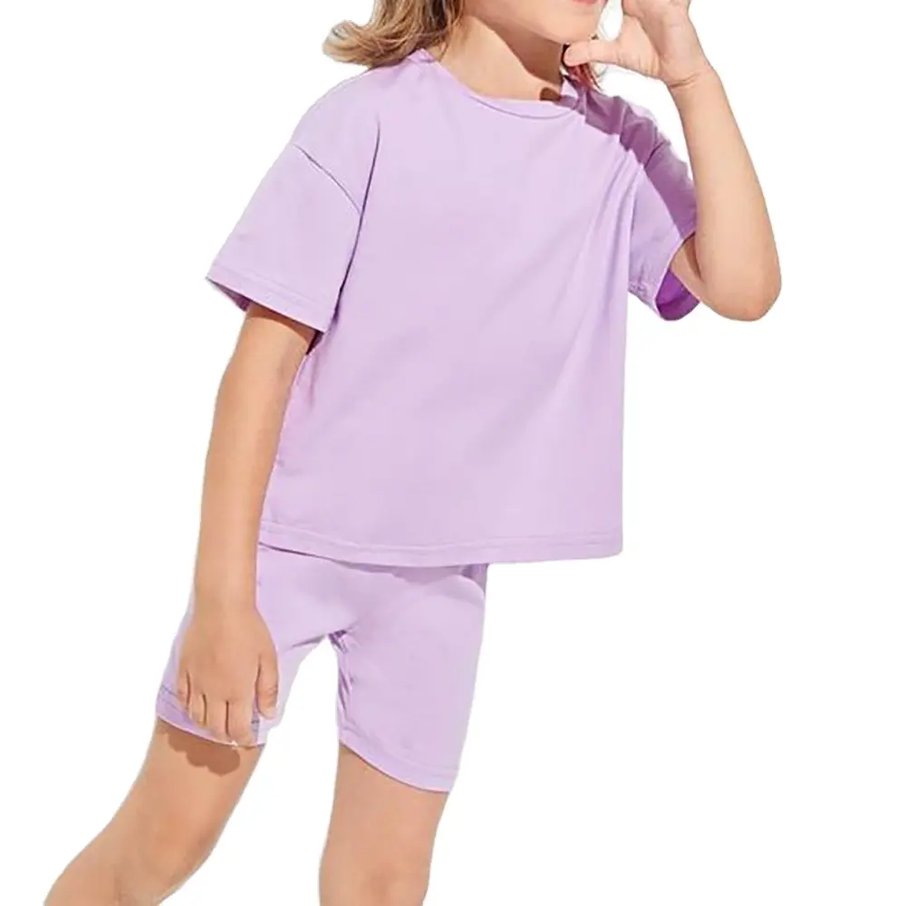 도매 키즈 부티크 의류 세트 유아 소녀를위한 캐주얼 여름 의상 단색 투피스 바이커 반바지 맞춤형 디자인