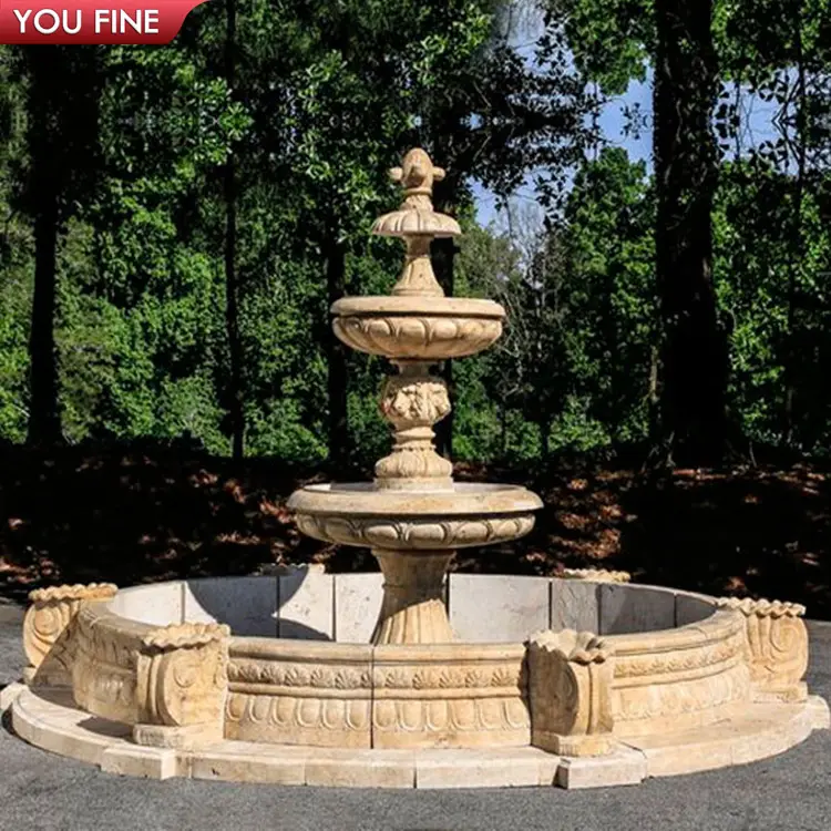Outdoor Garden Hand Carved Beige Marble Stone Water Fountain