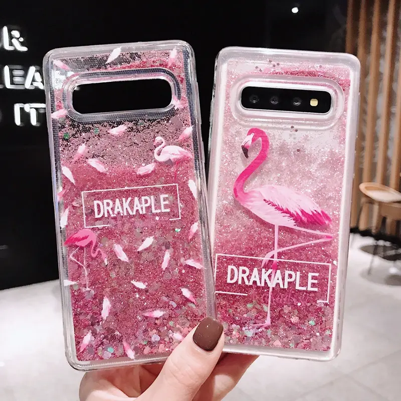 Capa de silicone líquido para samsung, galaxy note 10 pro s10 s9 s8 flamingo, concha de telefone com glitter para a90 note 8/9