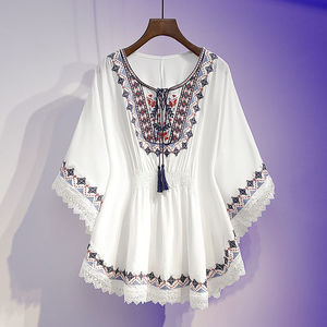 Kadın nakış meksika Bohemian gömlek kısa kollu Ruffled Tops tunik bluzlar