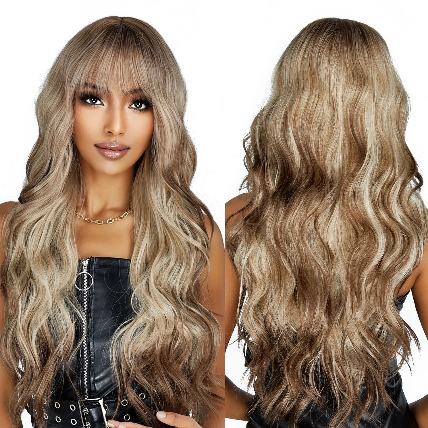 Nhà Máy Bán buôn giá Blonde tro nổi bật tổng hợp chịu nhiệt tóc giả với bangs ánh sáng màu nâu dài nước lượn sóng lông tóc giả