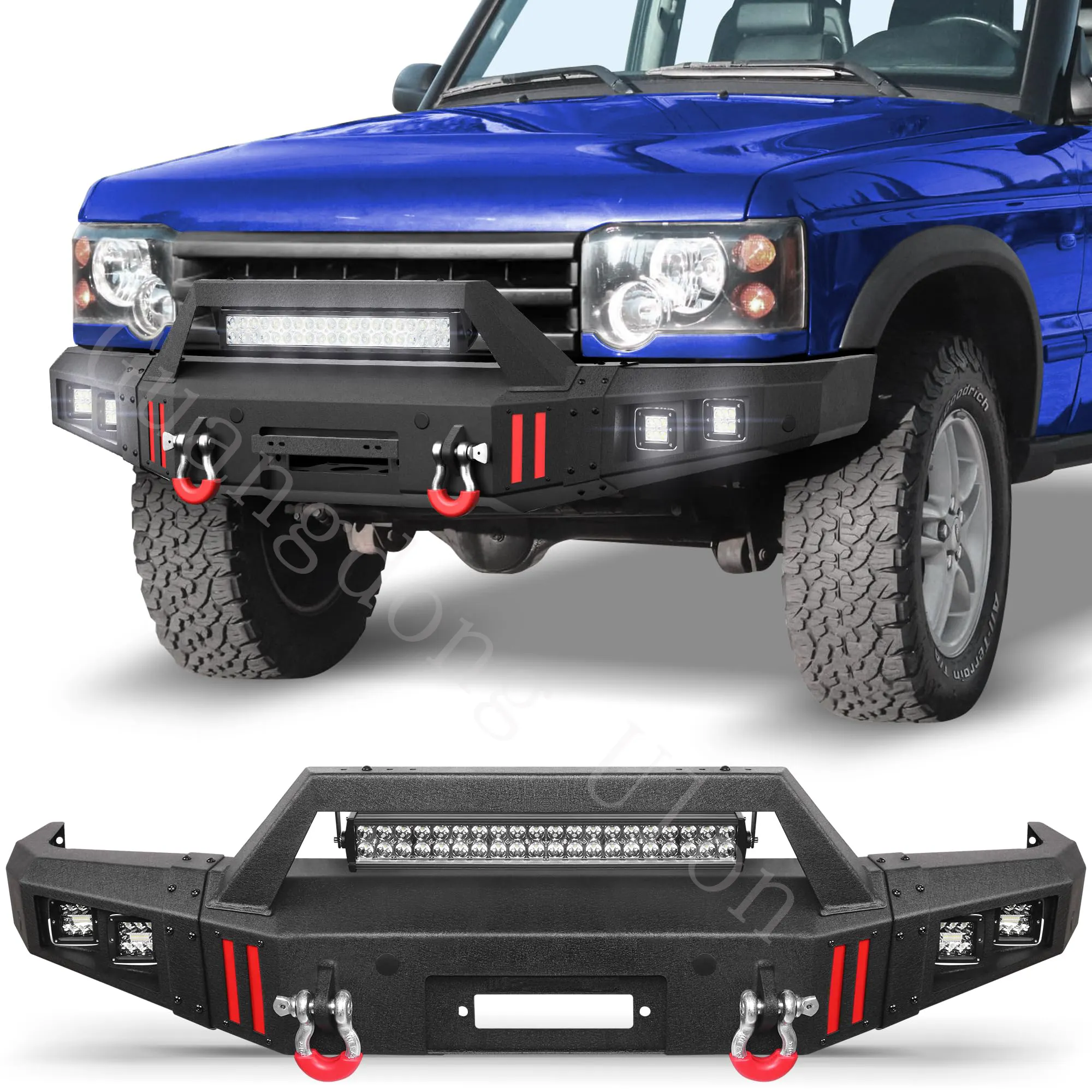 Frontstoßstange volle Breite für Land Rover Discovery 2 1999-2004, mit Winch-Schild, 144 W Lichtleiste, 4 × 18 W Lichter und D-Ring