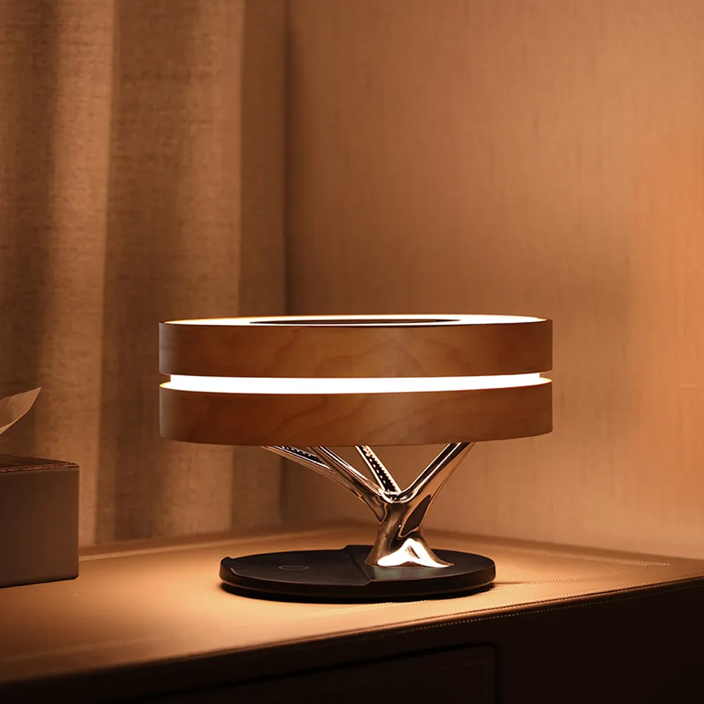 Lampe de Table LED avec chargeur sans fil et haut-parleur musicale, forme circulaire, pour un usage domestique, nouveau modèle, 2020