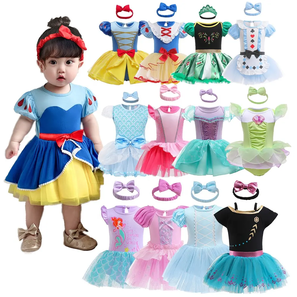 Vendita calda carnevale principessa biancaneve elsa anna arruffato neonate pagliaccetto Tutu vestito con fascia bambini festa di compleanno vestiti