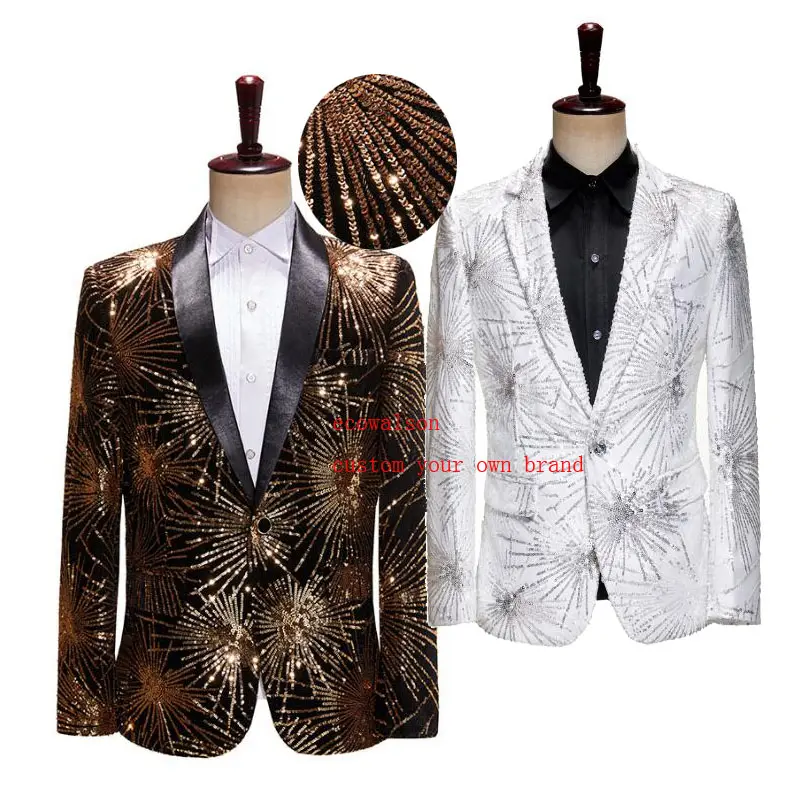 Ecowalson Mens elegante oro fuochi d'artificio paillettes Glitter Suit Jacket One Button scialle Collar Slim Fit blazer Party Prom Stage