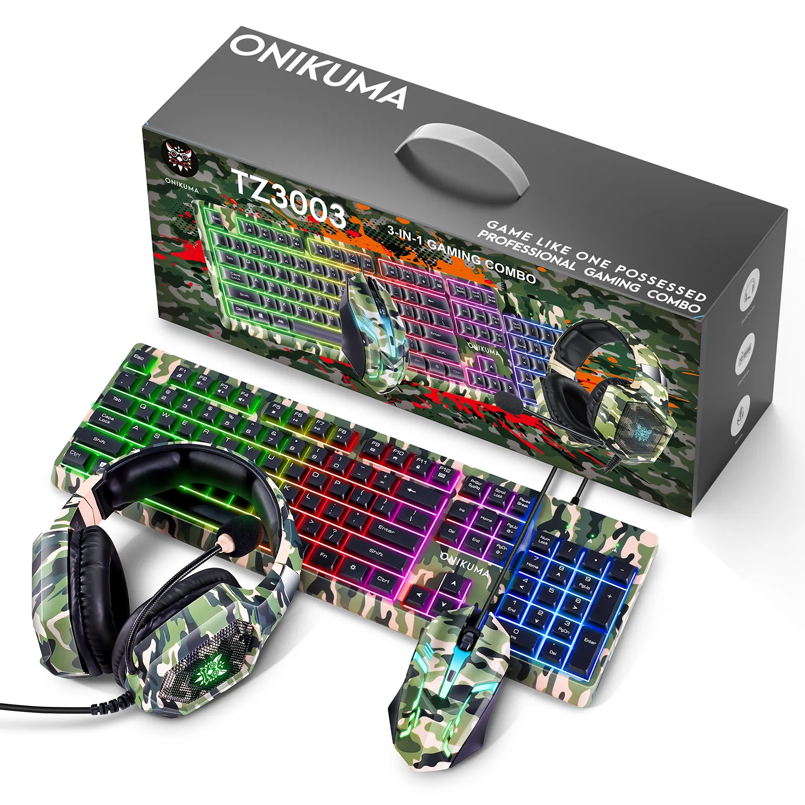 Onikuma – Kit de jeu PC avec lumière LED, ensemble de clavier et souris de jeu optique, vente en gros