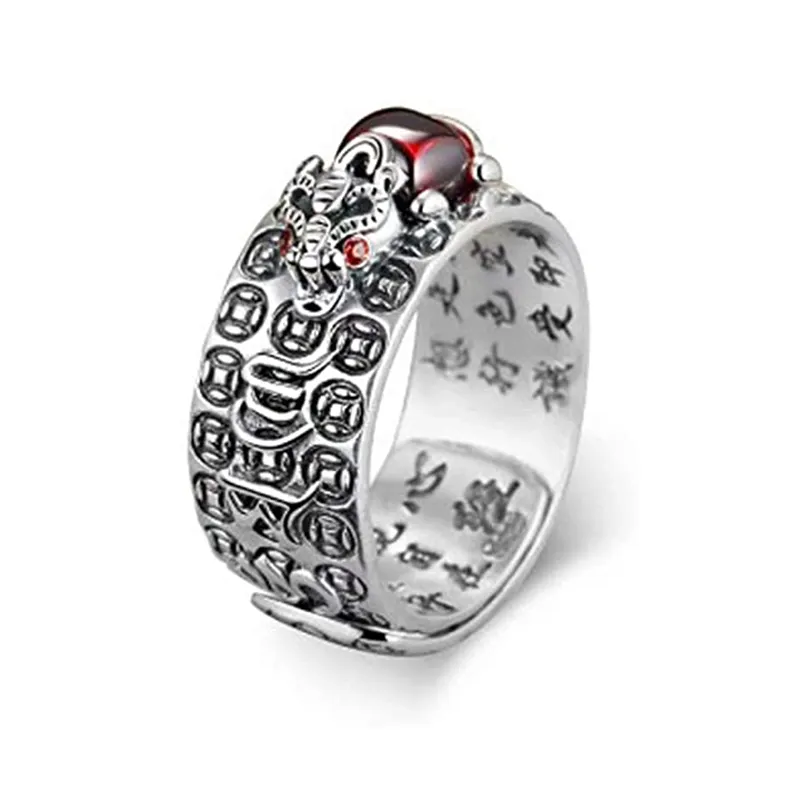 Silber Vintage Pixiu Schutz Reichtum Amulett Feng Shui Granat Kröte Mantra Herz Sutra Glück verstellbarer Ring für Unisex