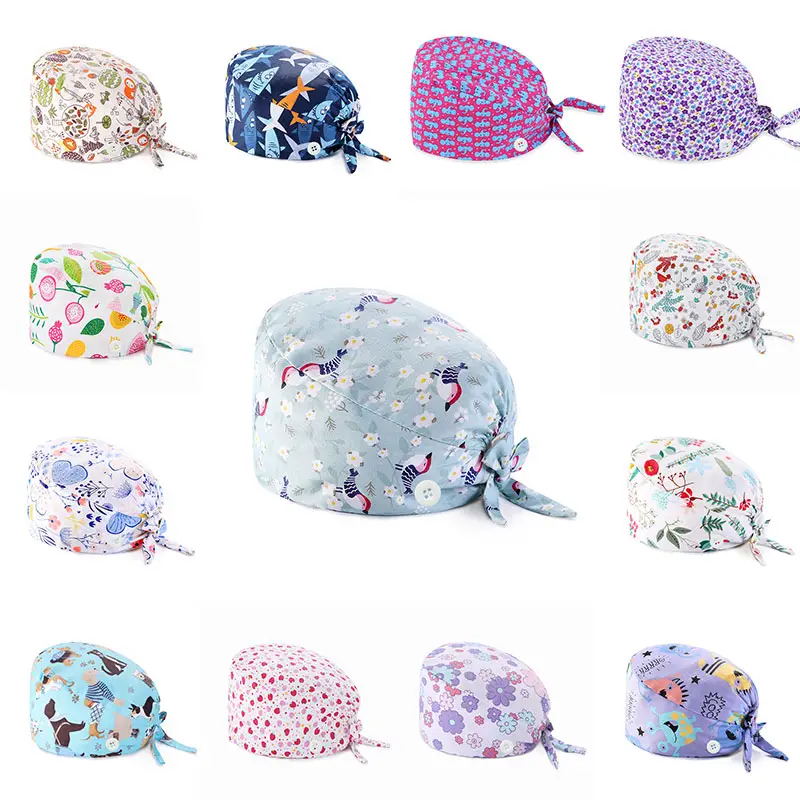 Gorro suave Floral con estampado de enfermera, toalla absorbente de sudor para la cabeza, gorro quirúrgico antisuciedad de algodón puro con botón, gorro para fregar