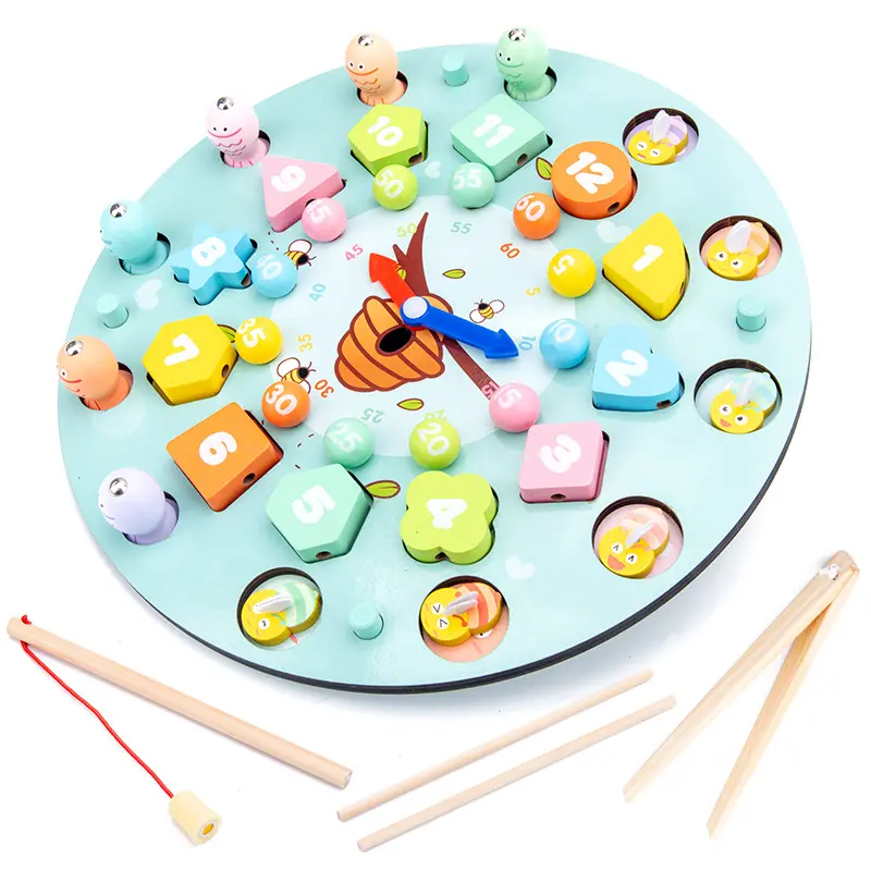 Wooden Double Sided Clock Game Chess Toys Children Magnetic Fishing Clip Beads Shape Matching Multi-functional Educational Toys