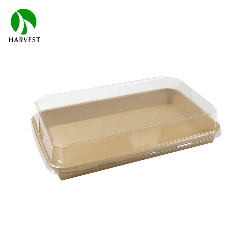 PE/PLAコーティングを施したエコ使い捨ての持続可能なクラフト紙寿司トレイリサイクル可能な食品紙容器