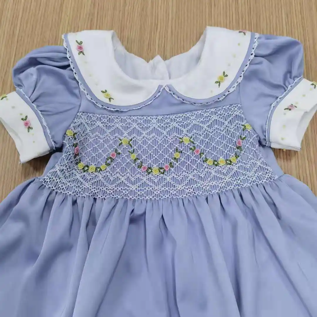 Çocuklar önlük bebek önlüklü smocking çocuklar elbiseler toptancı kızlar için 2022 yeni mavi leke ipek yuvarlak boyun dantel trim