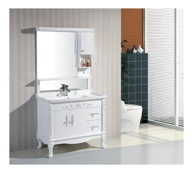 Fábrica diretamente venda de móveis moderno espelho branco vanity pvc armário do banheiro com bacia de lavar