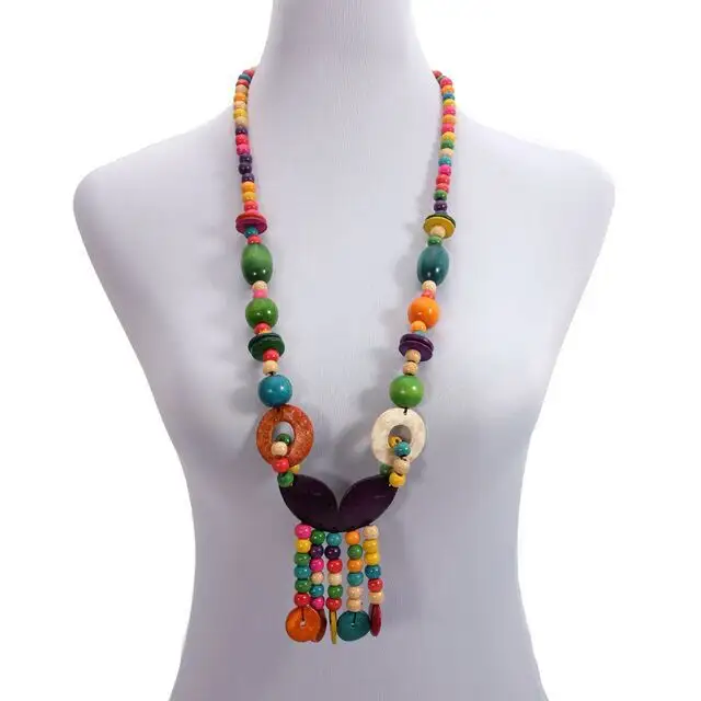 Collana stile etnico bohémien ciondolo conchiglia di cocco perline colorate multistrato collana lunga treccia Vintage