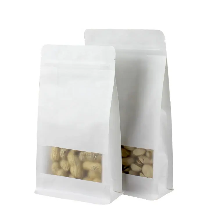 flat bottom food coffee gift nut packaging bag white kraft paper bags with hyaline window