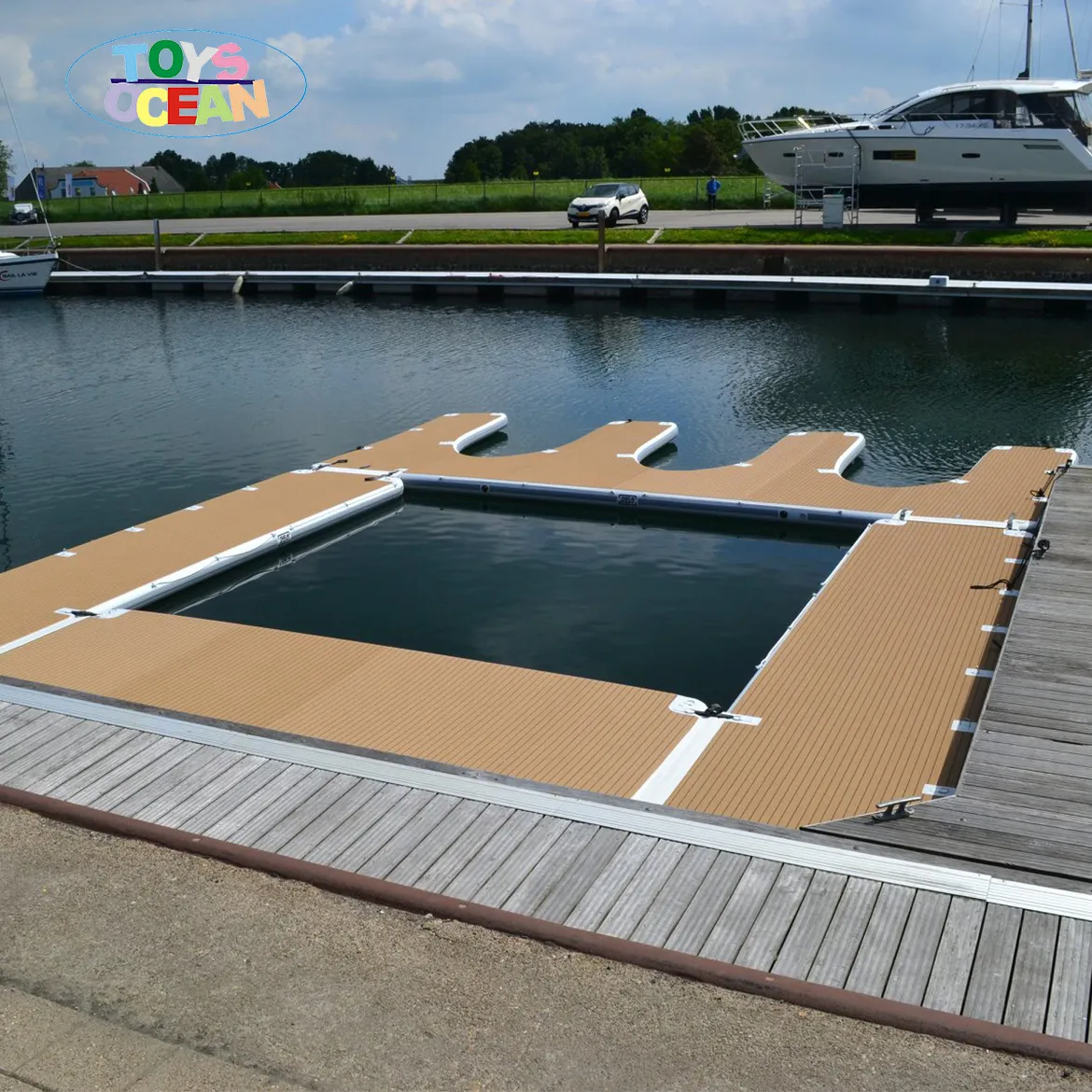 Estación de barco con Motor de grano de madera, muelle de moto acuática inflable de 5x3m, en forma de E