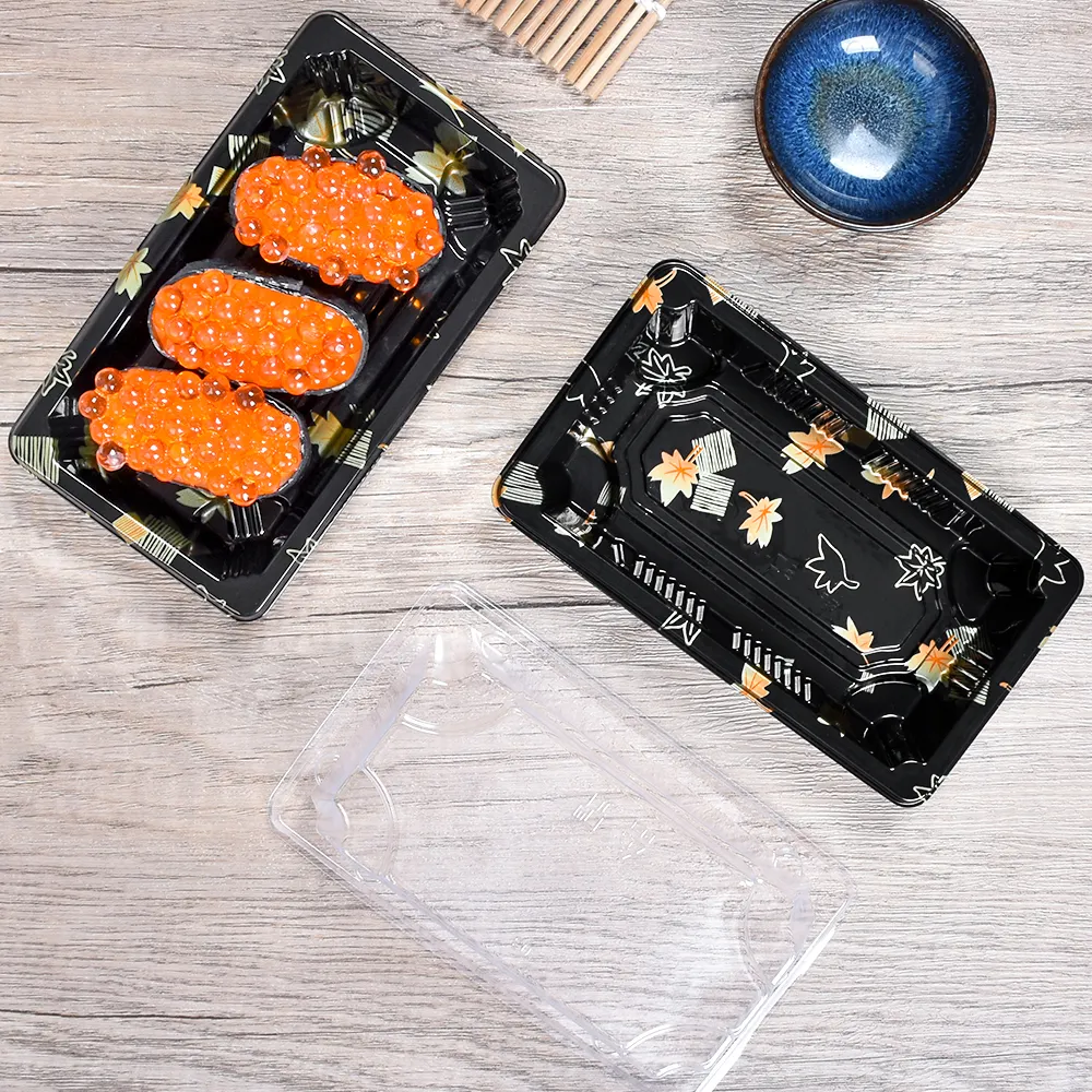 Sunzza – plateau à sushi transparent sakura, plateau de fête, nourriture à emporter, boîte jetable, récipient à sushi en plastique avec couvercle