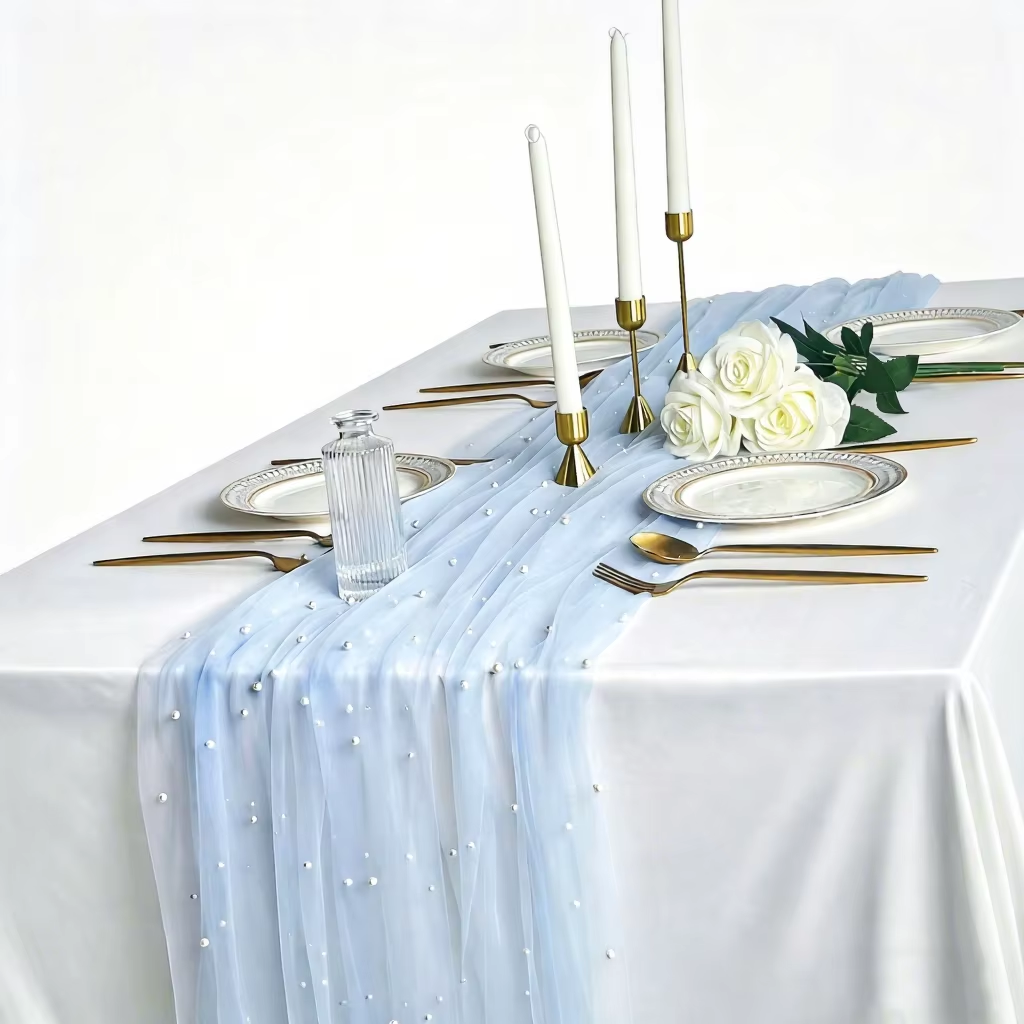 Sky blue yarn + white pearls