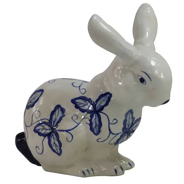 Estatueta de coelho de cerâmica para decoração de casa, porcelana azul e branca, desenho de coelho de Páscoa de arte moderna