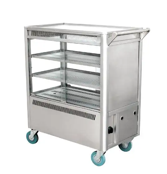 Carrito de comida móvil de acero inoxidable, carrito de servicio para comedor con ruedas, fábrica de China, venta al por mayor, carrito eléctrico para aperitivos