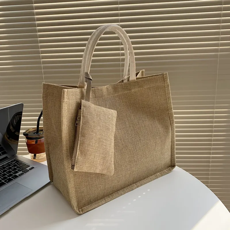 Yeniden kullanılabilir moda doğal çuval bezi Tote fermuarlı çantalar hediye kadın jüt alışveriş çantası jüt plaj çantaları