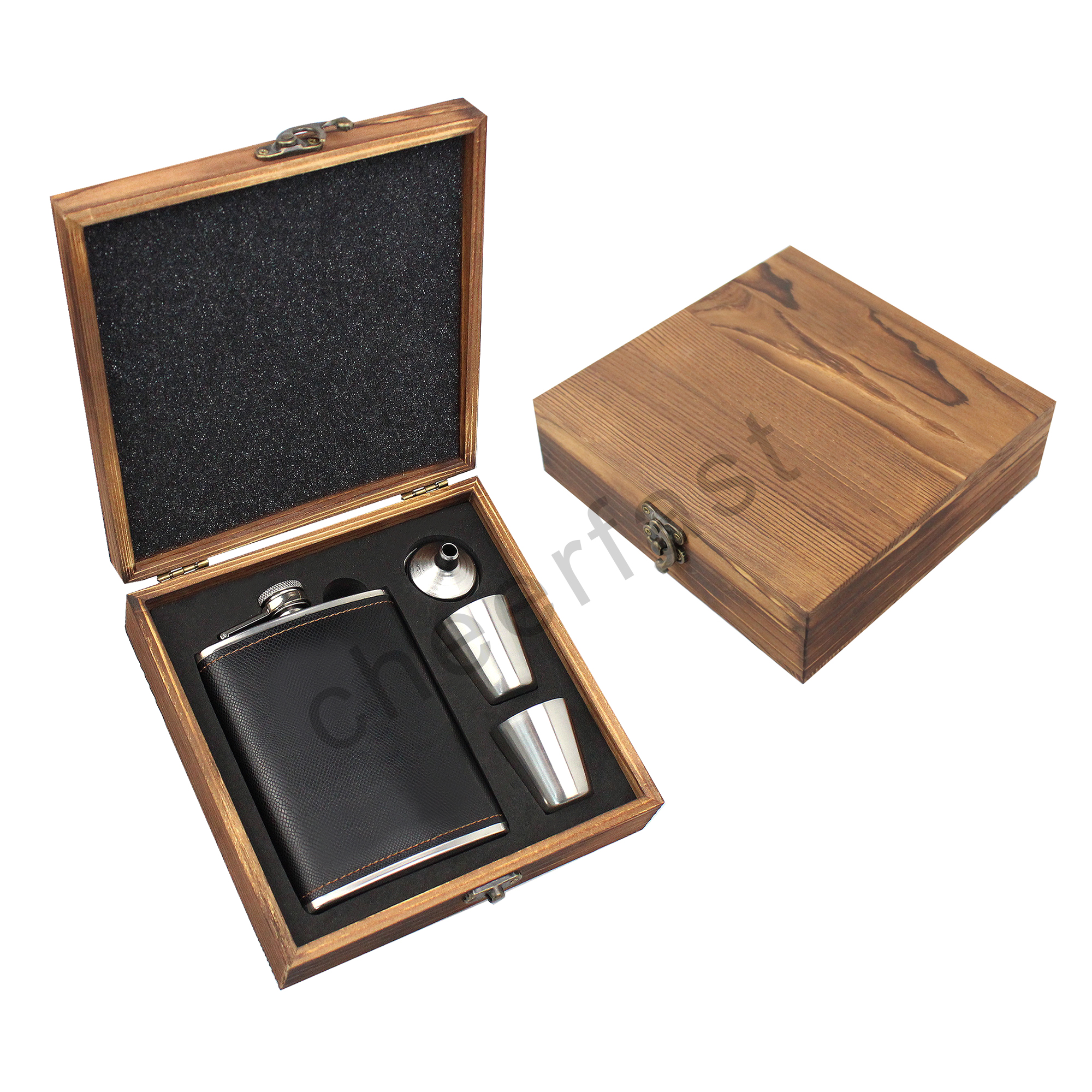 CF-HF19-Black PU Leather flask-Pine Box