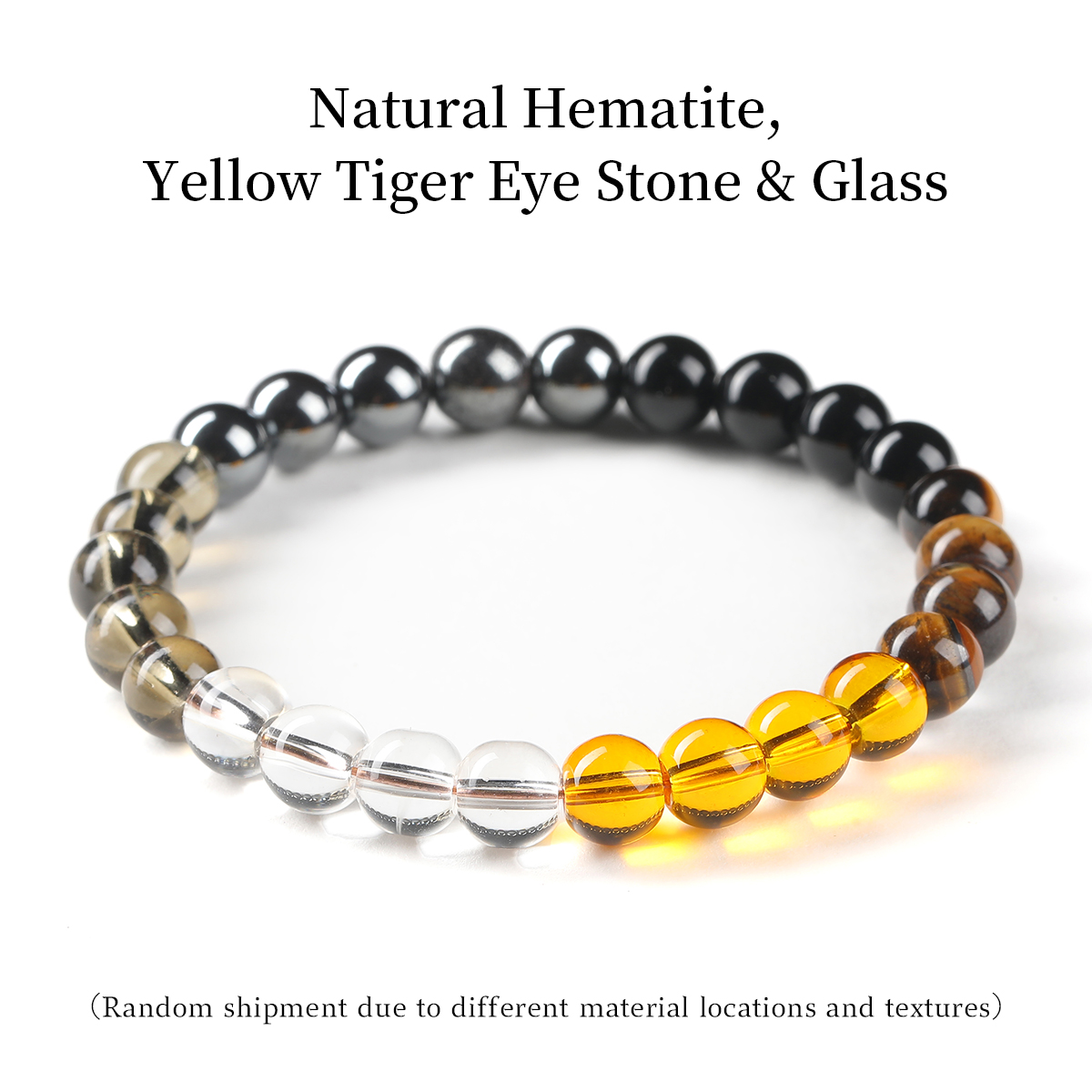Hématite naturelle, Oeil de Tigre jaune et Verre