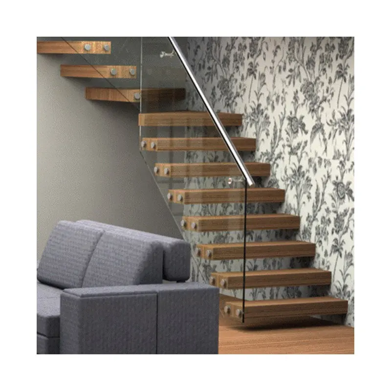 Escalera de estructura de acero de alta calidad, escalera recta flotante de madera de vidrio laminado