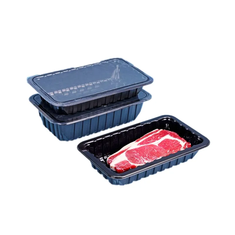 Customized black rectangular disposable PP map top seal food grade plastic trays packaging sealable thermoforming tray for meat