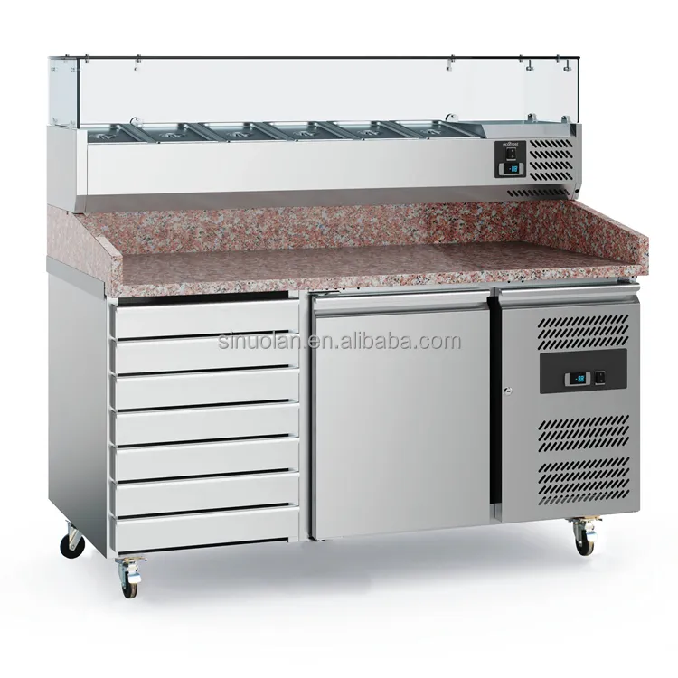 Refrigerador de exhibición de Pizza de 2 puertas, ahorro de energía, a precio de fábrica, estación de mesa de preparación de Pizza de mármol