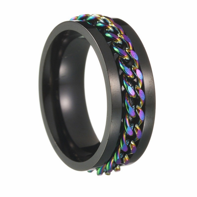 Bague noire avec chaîne arc-en-ciel