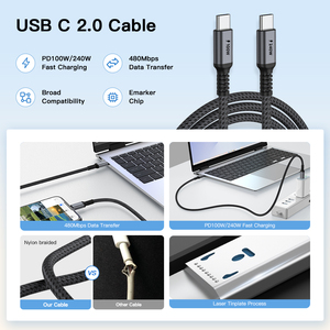 Bện <span class=keywords><strong>USB</strong></span> Type-C USB2.0 cáp 1m/2M/3M PD sạc nhanh cáp dữ liệu cho Android điện thoại di động máy tính xách tay 100W 5A Cáp <span class=keywords><strong>USB</strong></span> Type-C - Product Image 2