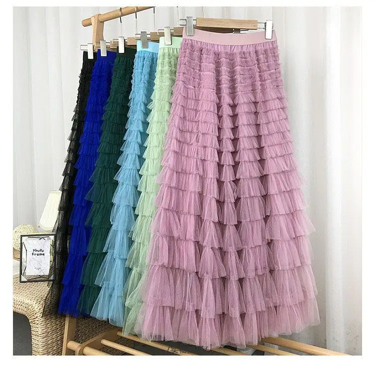 Q31214 akşam Tutu kadın katmanlı Ruffles yüksek belli salıncak etek elbise resmi pileli Boho Maxi kabarık tül etekler