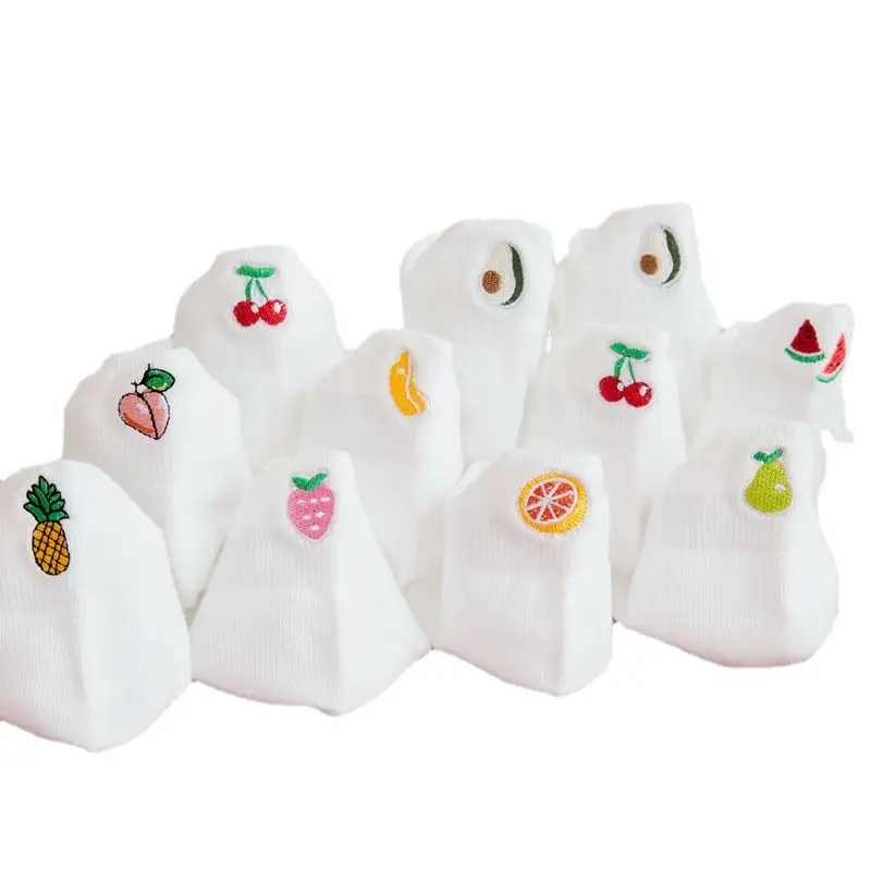 Calcetines tobilleros para mujer, calcetín corto con estampado bordado de frutas de primavera y verano para niñas, color blanco, poliéster, dulce barco