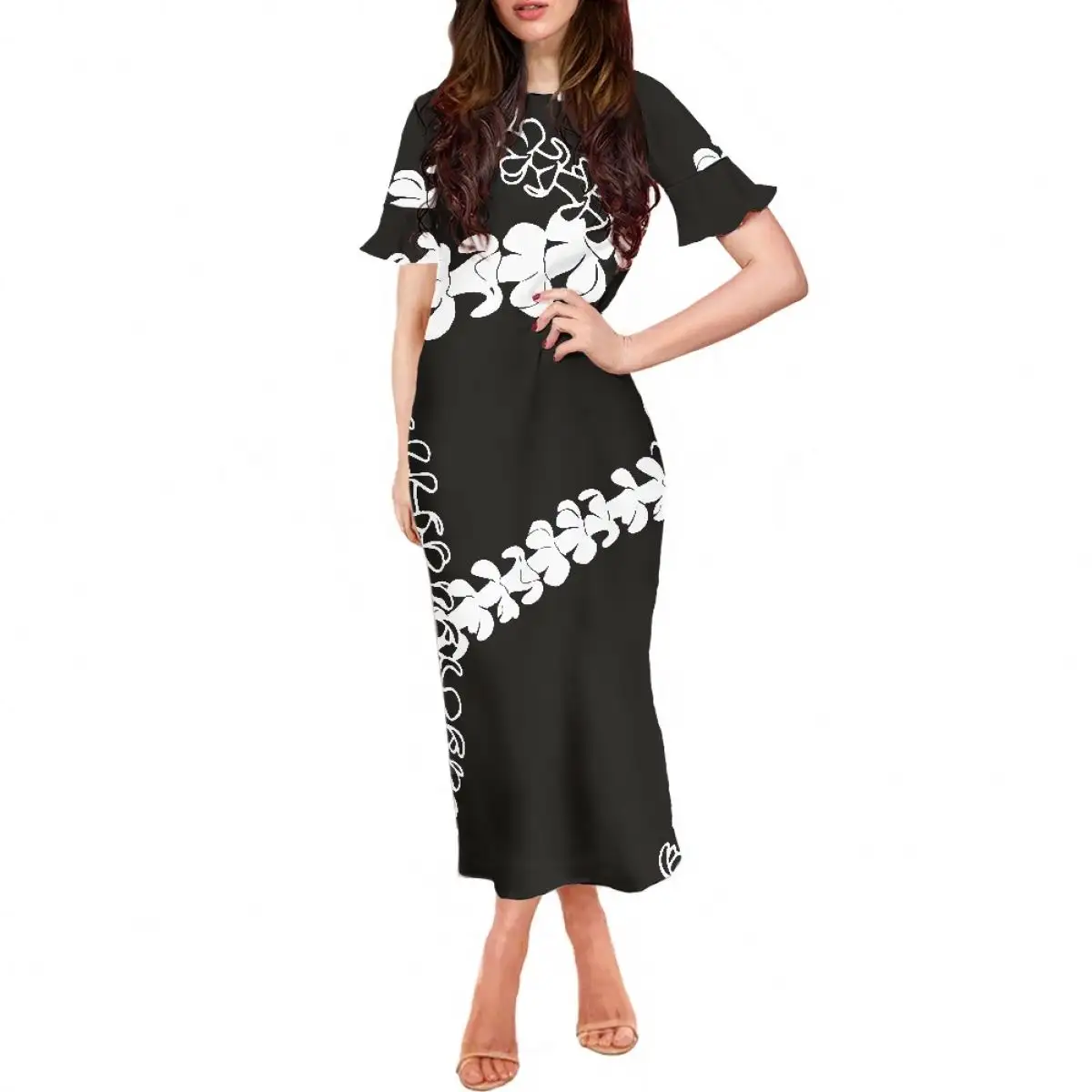 Puakenikeni Polynesian Ăn Mặc Giản Dị Cho Phụ Nữ Xù Ngắn Tay Áo Dài Dresses Thời Trang Thanh Lịch Buổi Tối Ăn Mặc Tùy Chỉnh Bán Buôn